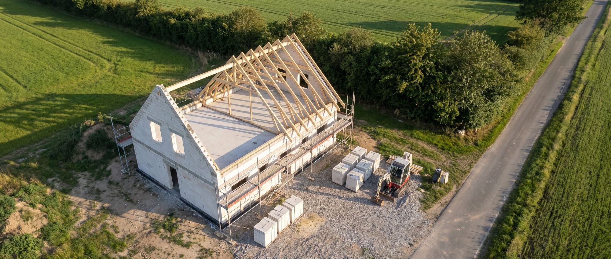 Drohnenaufnahme eines Rohbaus: Mauerwerk, Betondecke und Dachstuhl von oben