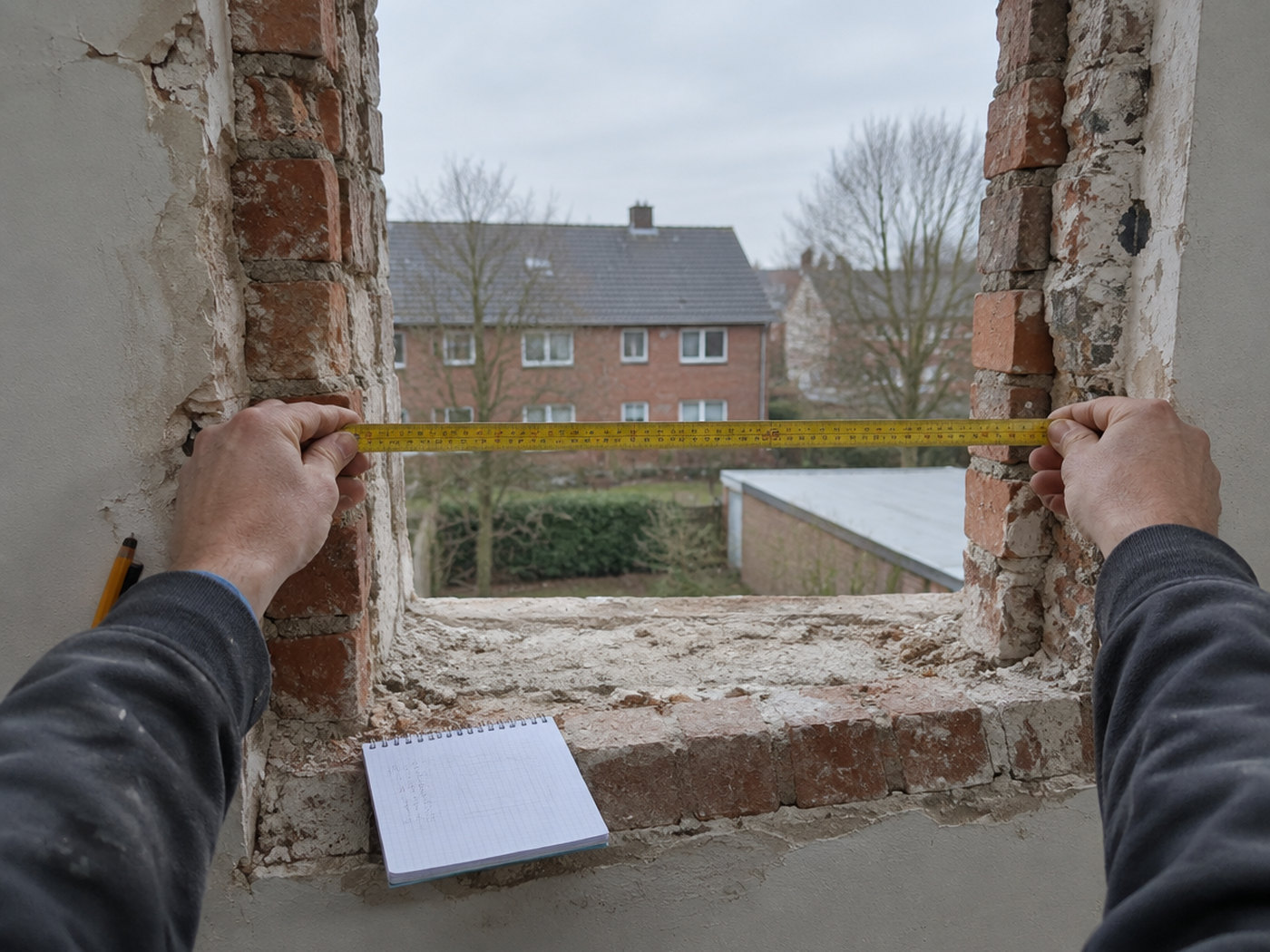 Aufmaß an einer ausgebauten Fensteröffnung, Zollstock in der Laibung